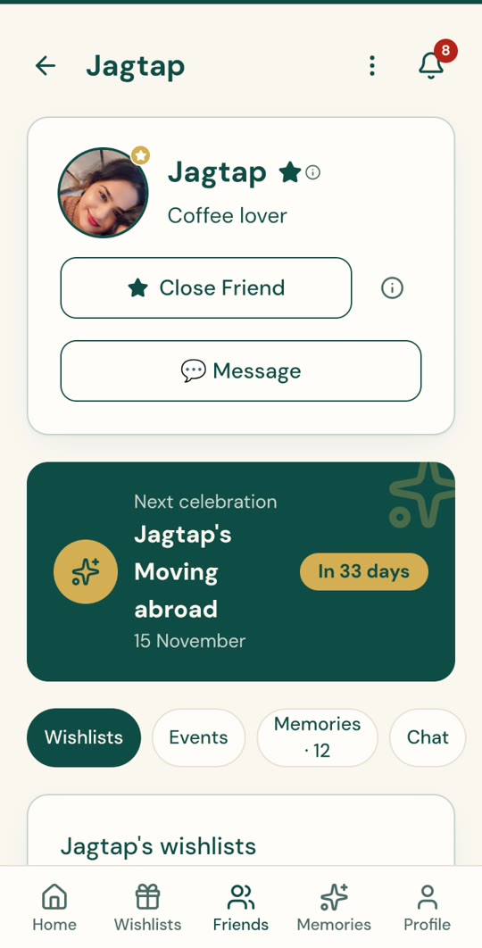 A friend's page with their next celebration